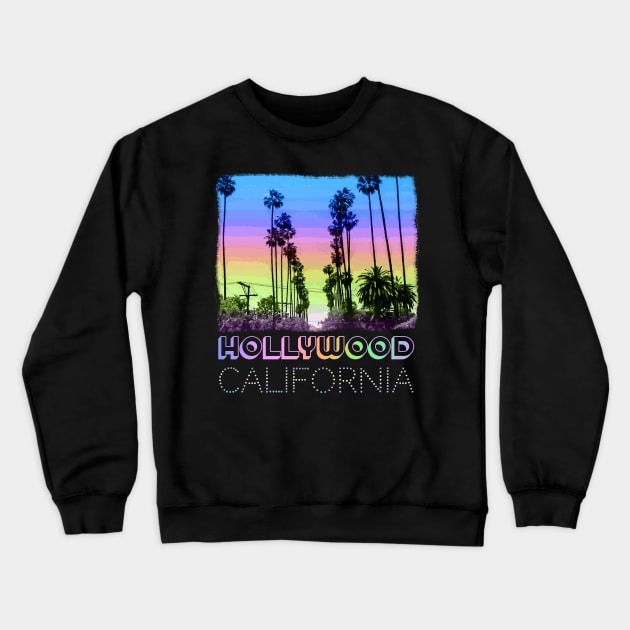 Hollywood, California Palm Trees neon sunset retro design Crewneck Sweatshirt by jdunster